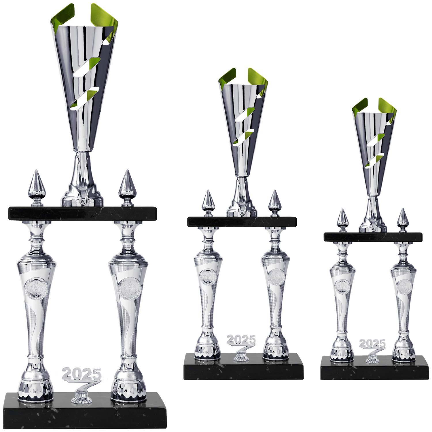 Eleganter Säulenpokal in Silber/Lime Green mit schwarzem Marmor (Artikel 8890)