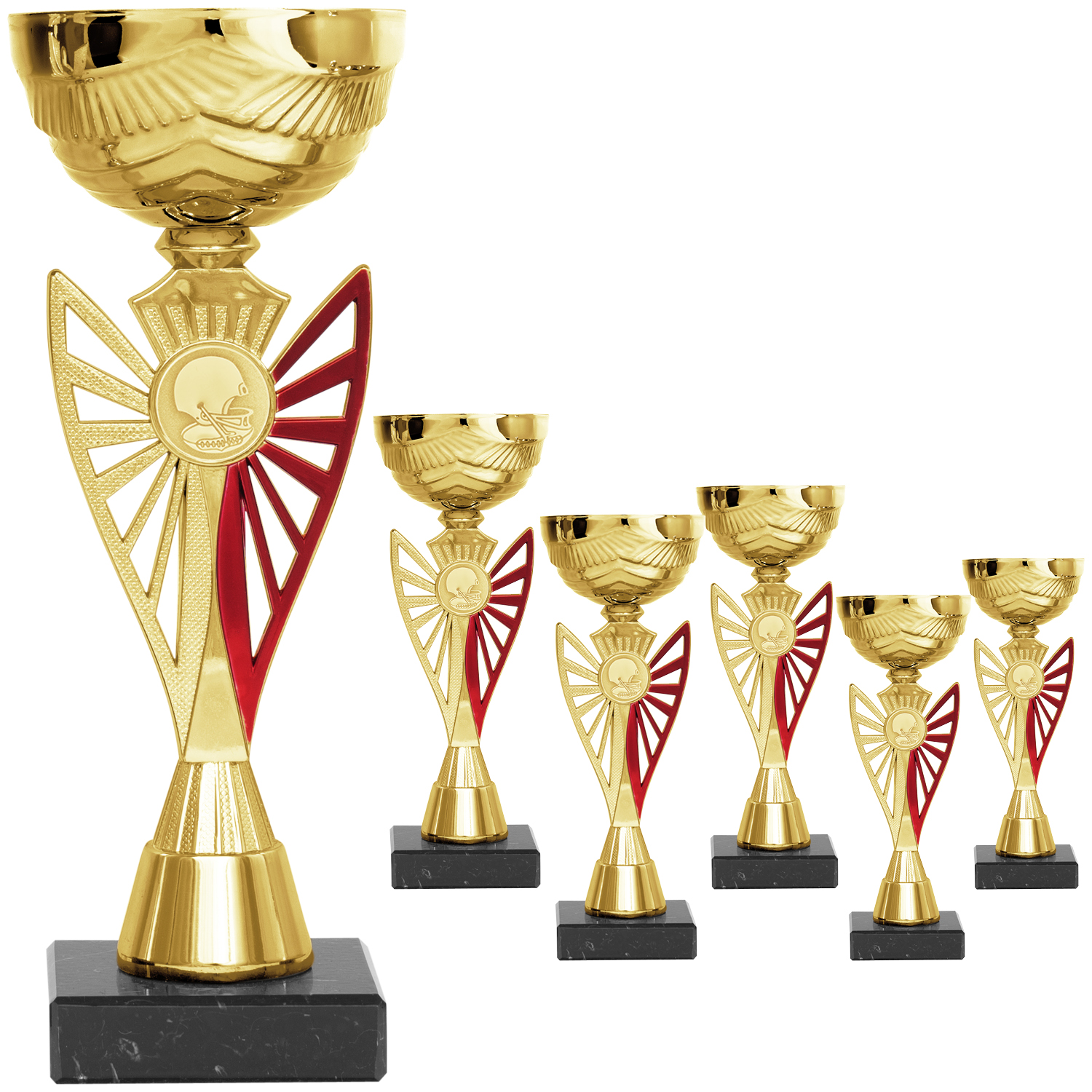 Goldener Pokal mit elegantem gold-roten Emblemhalter (Artikel 8300 o.D.) und (Artikel 9300 m.D.)