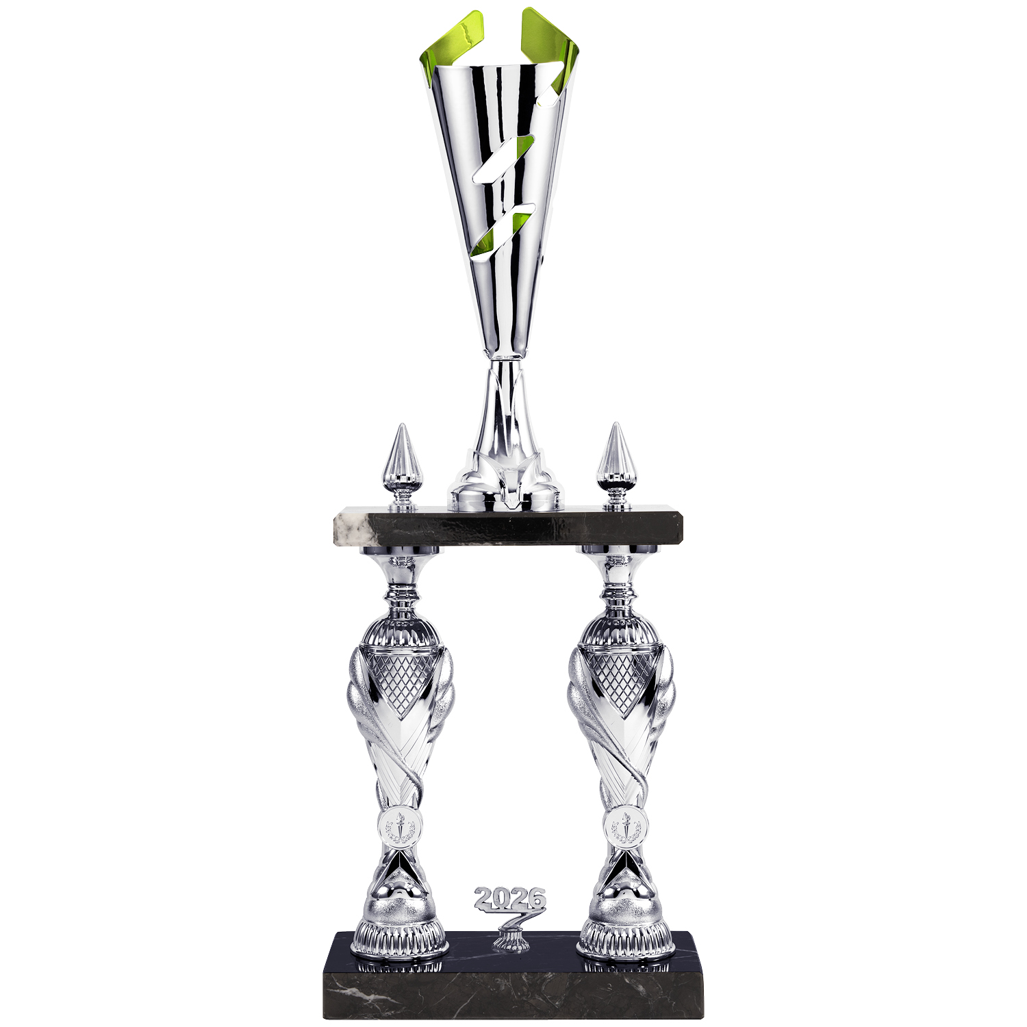 Eleganter Säulenpokal in Silber/Lime Green mit schwarzem Marmor (Artikel 8890)