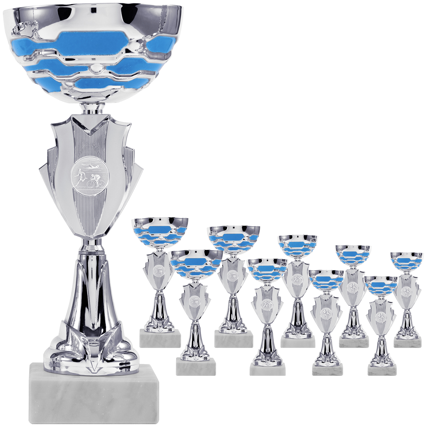 Pokalserie in Silber mit blauen Farbakzenten (Artikel 8230)