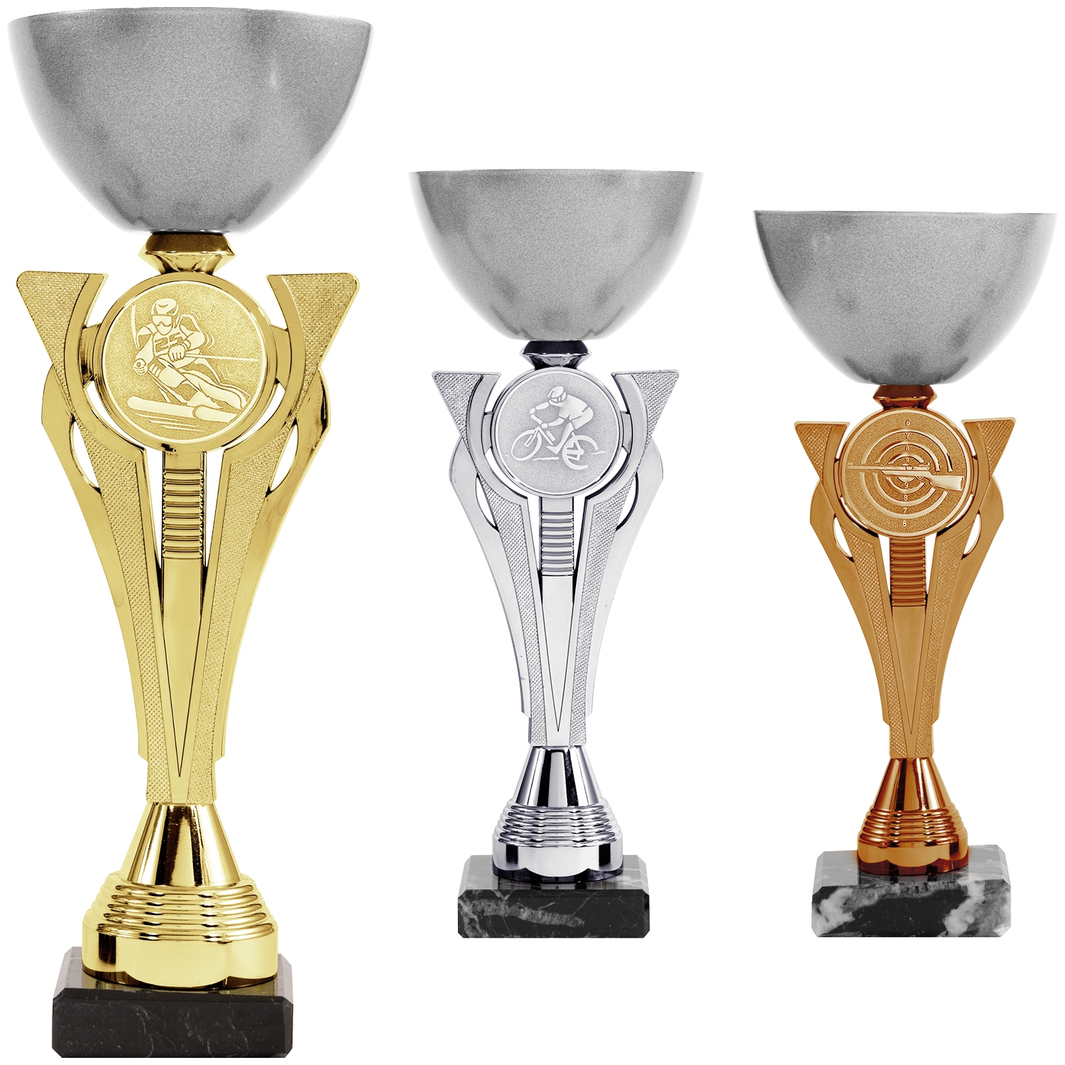 Grauer Pokal mit Gold, Silber, Bronze (Artikel 8087 8088 8089)