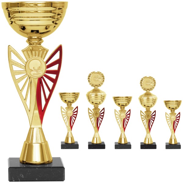 Goldener Pokal mit elegantem gold-roten Emlemhalter (Artikel 8300 o.D.) und (Artikel 9300 m.D.)