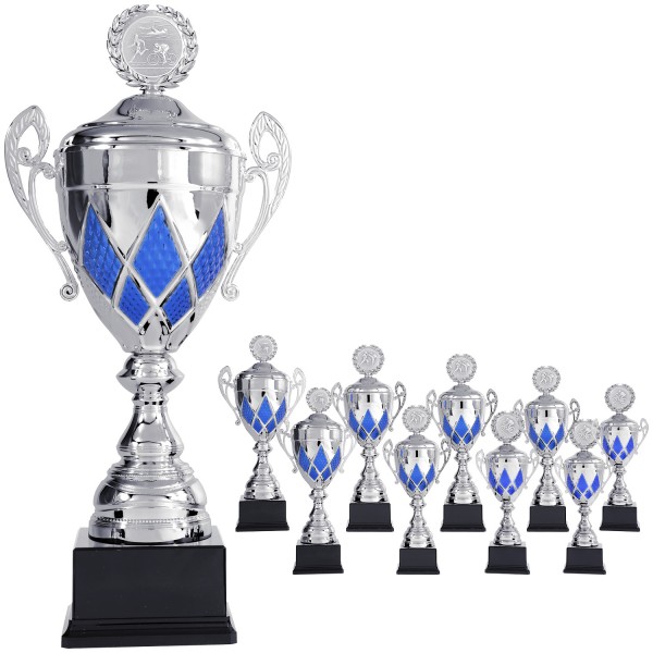 Wunderschöne Pokalserie in Blau und Silber mit Henkel (Artikel 9020 mit Deckel)