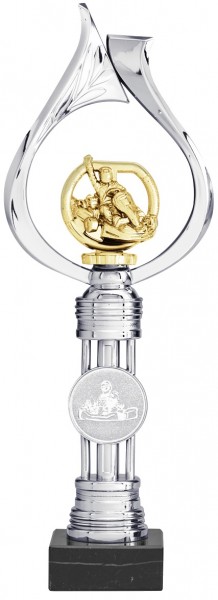 Silberner moderner Pokal mit Motorsport Figur in Gold (Artikel 4089)